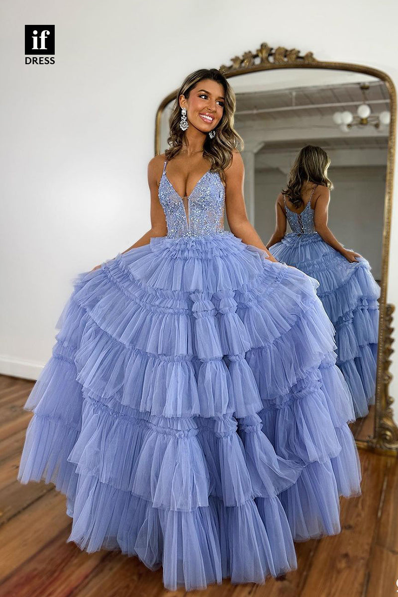 32863 - Spaghetti Straps V-Neck Tiered Tulle Long Prom Party Dress with Appliques