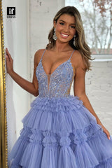 32863 - Spaghetti Straps V-Neck Tiered Tulle Long Prom Party Dress with Appliques