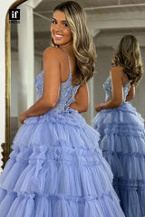 32863 - Spaghetti Straps V-Neck Tiered Tulle Long Prom Party Dress with Appliques