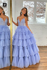 32863 - Spaghetti Straps V-Neck Tiered Tulle Long Prom Party Dress with Appliques