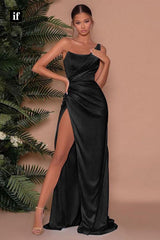 32877 - One Shoulder Pleats Split Sheath/Column Long Prom Evening Formal Dress
