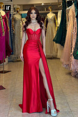 32944 - Sexy Strapless V-Neck High Slit Pleats Satin Prom Evening Formal Dress