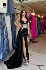 32945 - Glamorous V-Neck Beads Pleats Prom Evening Formal Dress with Slit