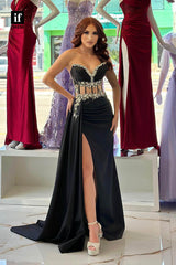 32945 - Glamorous V-Neck Beads Pleats Prom Evening Formal Dress with Slit