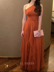 A line One Shoulder Tulle Rust Orange Long formal dresses Bridesmaid Dresses evening gown Prom Dress