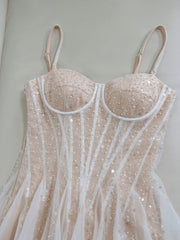 A-Line Sweetheart Neck Tulle Sequin Champagne Short Prom Dress, Cute Homecoming Dress