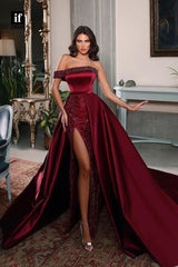 33808 - A-Line Pleats Strapless Cap Seeves Beading Formal Evening Gown with Split