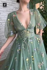 33876 - Elegant Illusion A-Line V-Neck Half Sleeves Appliques Tulle Prom Formal Dress