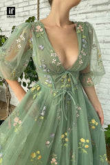 33876 - Elegant Illusion A-Line V-Neck Half Sleeves Appliques Tulle Prom Formal Dress