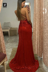 33883 - Romantic Spaghetti Straps V-Neck Column Sparkly Prom Formal Dress