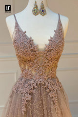 33931 - Charming Spaghetti Straps V-Neck Lace Appliques Tulle Long Prom Formal Gown