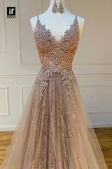 33931 - Charming Spaghetti Straps V-Neck Lace Appliques Tulle Long Prom Formal Gown