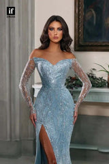 33935 - Stunning Strapless Long Sleeves High Split Detachable Train Evening Formal Dress