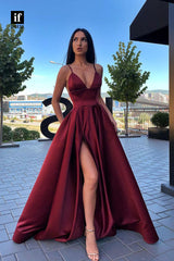 33939 - Classy A-Line Spaghetti Straps V-Neck Satin Prom Formal Dress with Pockets