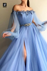 33943 - Romantic A-Line Off-Shoulder Long Sleeves Tulle Belt Prom Formal Gown