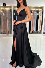 33965 - Chic A-Line Spaghetti Straps V-Neck Sleeveless Prom Formal Gown with Split