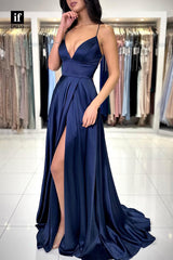 33965 - Chic A-Line Spaghetti Straps V-Neck Sleeveless Prom Formal Gown with Split