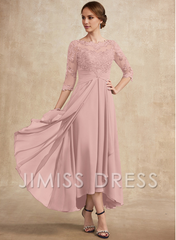 Jimiss A-line hollow illusion asymmetrical lace chiffon belt with layered ruffles mother of the bride dress