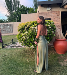 Sheath Spaghetti Straps Backless Green Satin formal dresses Bridesmaid Dresses evening gown Prom Dress With Split