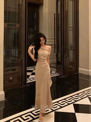 Mermaid One Shoulder Satin Champagne formal dresses Bridesmaid Dresses evening gown Prom Dress