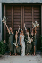 Weitese A Line V Neck Dark Green Long Bridesmaid Dress with Silt