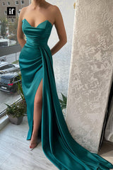 34029- Sexy V-Neck Strapless Pleats High Split Long Prom Formal Dress
