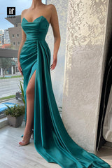 34029- Sexy V-Neck Strapless Pleats High Split Long Prom Formal Dress