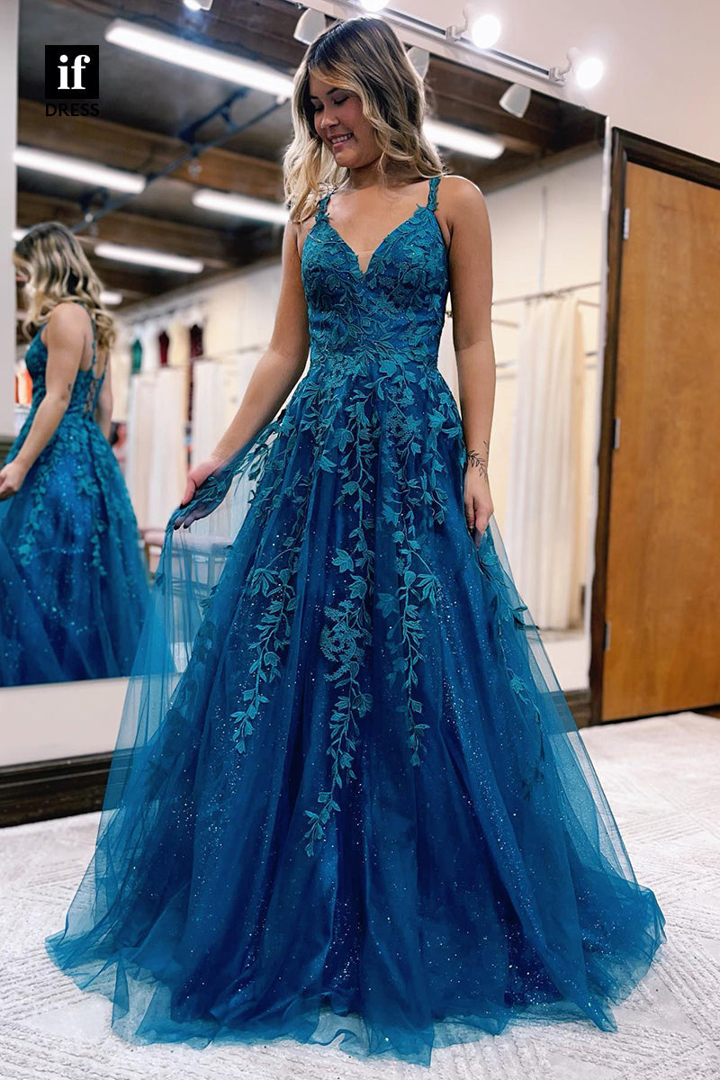 34037 - A-line V-Neck Lace Appliques Blue Long Prom Dress