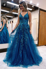 34037 - A-line V-Neck Lace Appliques Blue Long Prom Dress