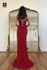 34107 - Sparkly Spaghetti Straps Deep V-Neck Split Appliques Prom Formal Dress