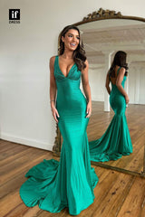 34112 - Charming Double Straps V-Neck Beaded Pleats Mermaid Prom Formal Dress