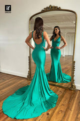 34112 - Charming Double Straps V-Neck Beaded Pleats Mermaid Prom Formal Dress