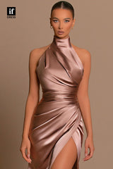 34116 - Classic High Neck Pleats Side Split Sheath Prom Formal Dress