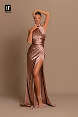 34116 - Classic High Neck Pleats Side Split Sheath Prom Formal Dress