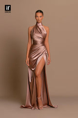 34116 - Classic High Neck Pleats Side Split Sheath Prom Formal Dress