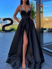 A-Line/Princess V-Neck Spaghetti Straps Long Prom Dresses With Split Side & Sequins Sexy