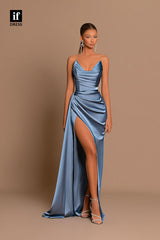 34122 - Off-Shoulder Sleeveless Pleats Satin Prom Formal Evening Dress Long Bridesmaid Dress