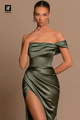34124 - Classic Off-Shoulder Pleats Side Split Prom Formal Evening Dress