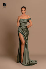 34124 - Classic Off-Shoulder Pleats Side Split Prom Formal Evening Dress