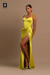 34125 - Sexy Halter Side Split Pleats Sleeveless Prom Formal Dress