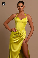 34125 - Sexy Halter Side Split Pleats Sleeveless Prom Formal Dress