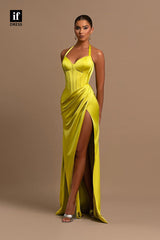 34125 - Sexy Halter Side Split Pleats Sleeveless Prom Formal Dress