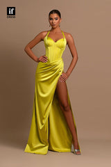 34125 - Sexy Halter Side Split Pleats Sleeveless Prom Formal Dress