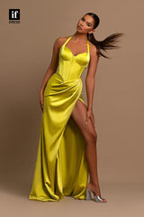 34125 - Sexy Halter Side Split Pleats Sleeveless Prom Formal Dress