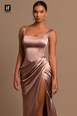 34128 - Elegant Double Straps Square Pleats Prom Formal Evening Dress