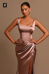 34128 - Elegant Double Straps Square Pleats Prom Formal Evening Dress