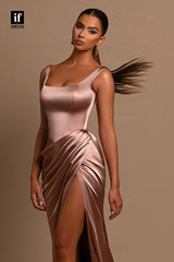 34128 - Elegant Double Straps Square Pleats Prom Formal Evening Dress