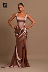 34128 - Elegant Double Straps Square Pleats Prom Formal Evening Dress
