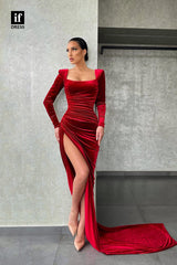 34133 - Elegant Long Sleeves Pleats Side Split Prom Formal Dress