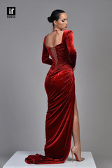 34133 - Elegant Long Sleeves Pleats Side Split Prom Formal Dress